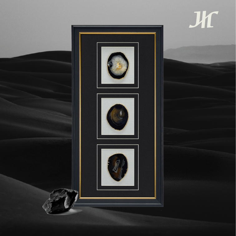 Dreiteilige Schwarz - Achat Wanddeko mit Goldrand - Jemento