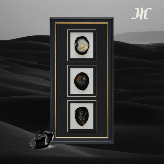 Dreiteilige Schwarz - Achat Wanddeko mit Goldrand - Jemento