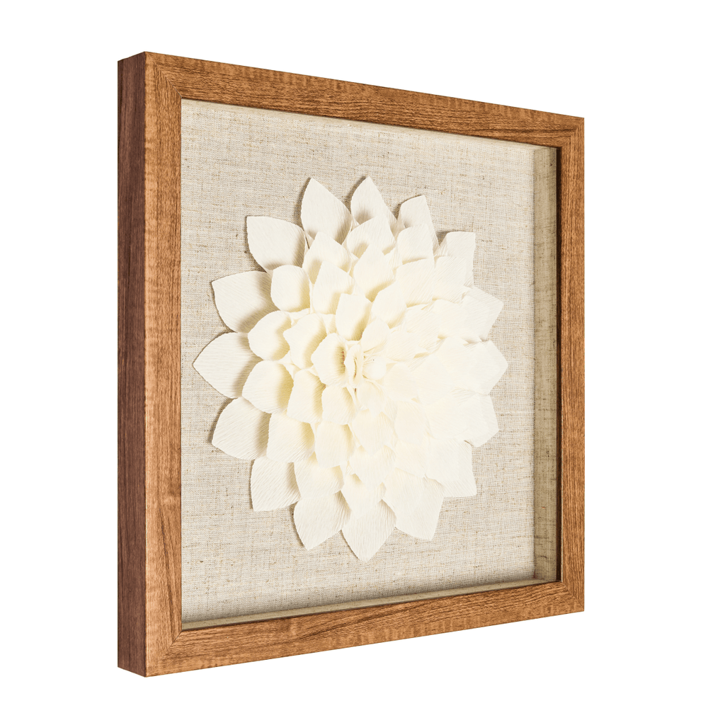 Seitenansicht der 3D-Wandkunst, Tiefe der Kreppblüte im Holzrahmen.
