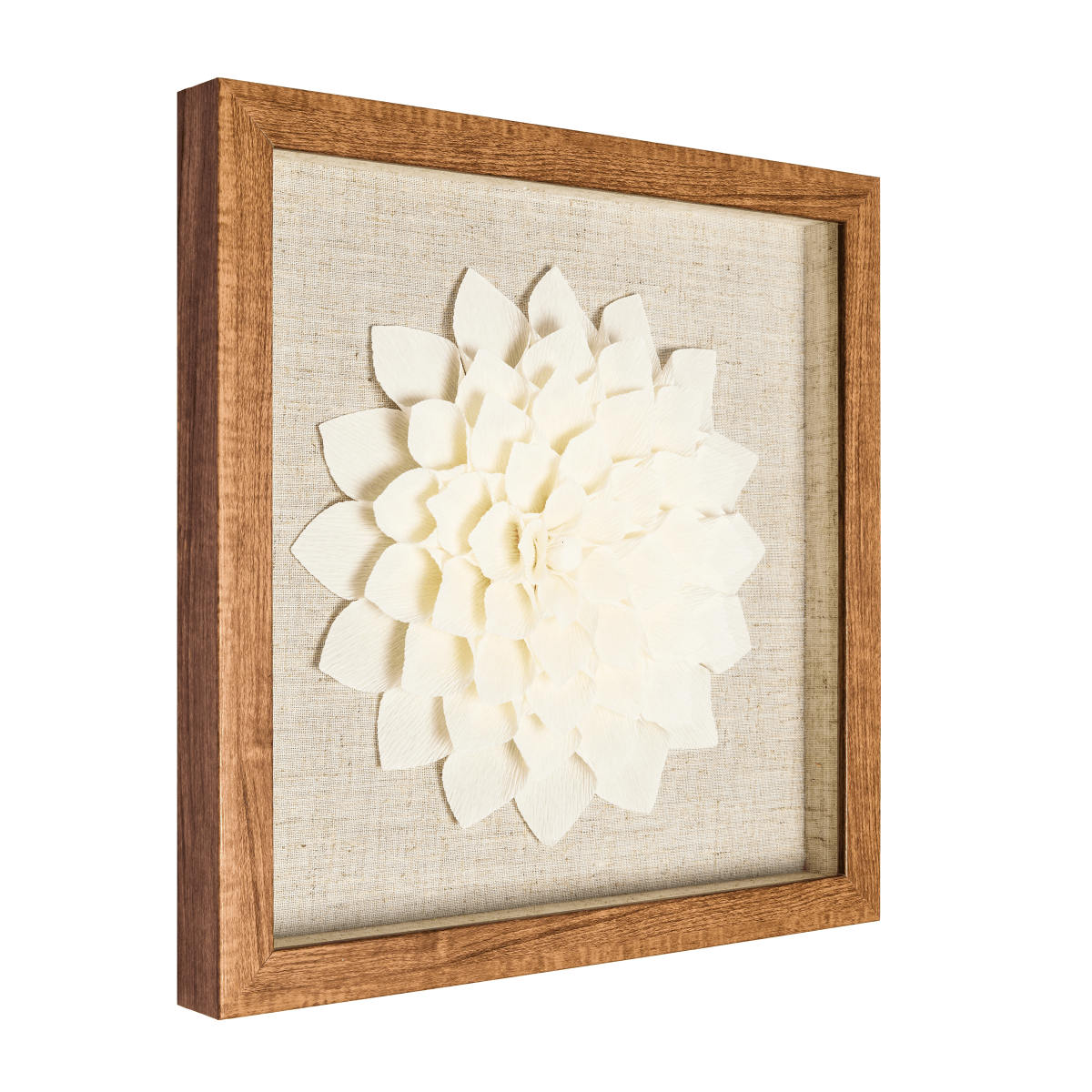 Seitenansicht der 3D-Wandkunst, Tiefe der Kreppblüte im Holzrahmen.