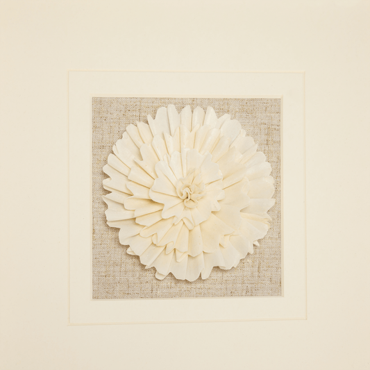 Handmade Sola Flower Paper Wall Art on Linen Backing, White Gold Leaf Frame - Jemento