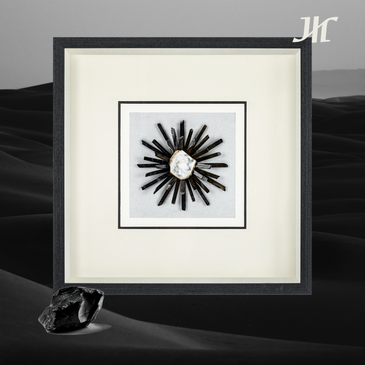 Schwarz - Achat Kristall - Blume Wanddeko mit Gold - Jemento