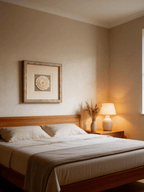 Gemütliches Schlafzimmer-Ambiente mit Jemento Sola-Blume Wanddekoration über dem Bett, warme Beleuchtung.